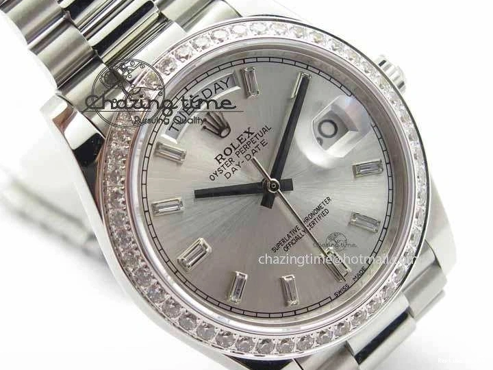 0126 TechFriendly Day Date 40mm SS BP Maker Best Edition Diamond Bezel Silver Dial On SS Bracelet ETA 3696